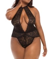 OH LA LA CHERI WOMEN'S PLUS SIZE LINGERIE SOFT LACE COLLARED TEDDY WITH FRONT KEYHOLE AND OPEN BACK