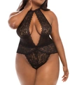 Oh La La Cheri Women's Plus Size Lingerie Soft Lace Collared Teddy With Front Keyhole And Open Back In Black