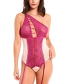 ICOLLECTION WOMEN'S ASYMMETRICAL LACE TEDDY WITH GROMMET DETAIL AND REMOVABLE GARTERS LINGERIE