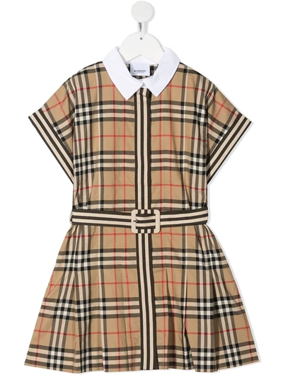 Burberry Kids' Vintage Check Belted Cotton Dress In Beige