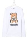 Moschino Teen Teddy Bear-print Long-sleeved T-shirt In Weiss