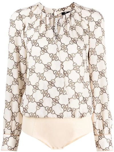 Elisabetta Franchi Chain Link Print Bodysuit In Cream