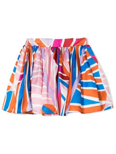Emilio Pucci Kids' Flared Skirt With Print In Arancio/azzurro