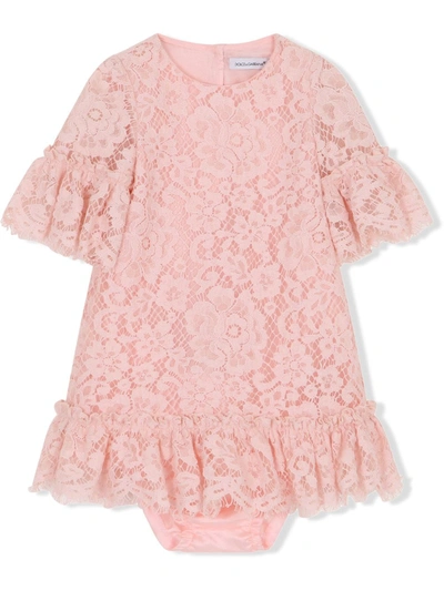 Dolce & Gabbana Babies' Lace-overlay Ruffle-detail Dress In Pink