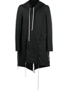 Rick Owens Fishtail Hooded Mid-length Parka In Black
