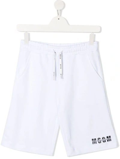 Msgm Teen Logo-print Cotton Shorts In Bianco