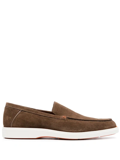 Santoni Suede Almond Toe Loafers In Brown