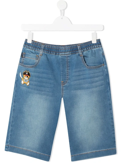 Moschino Kids' Pirate Teddy Bear Patch Denim Shorts In Blue