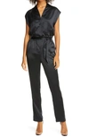 Rta Cynthia Belted Wrap-effect Silk-satin Jumpsuit In Black
