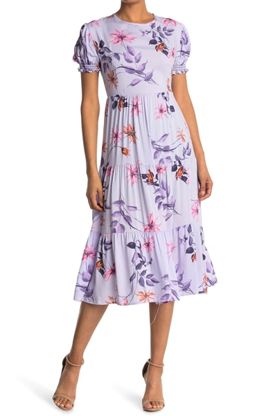 Ceny Printed Smocked Sleeve Tiered Dress In Lilac