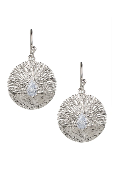Cz By Kenneth Jay Lane Rhodium Plated Textured Disc Pear Cz Drop Earrings In Clear-silver