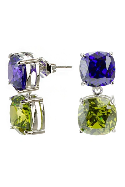 Cz By Kenneth Jay Lane Rhodium Plated Cushion Double Cubic Zirconia Post Dangle Earrings In Amythest/silver