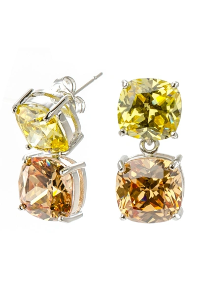 Cz By Kenneth Jay Lane Rhodium Plated Cushion Cut Cz Double Drop Earrings In Champagne/silver