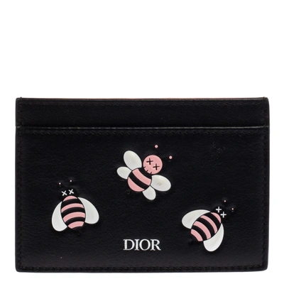 Pre-owned Dior X Kaws Black Leather Pink Bees Cardholder