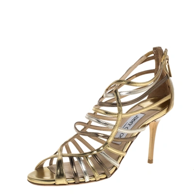 Pre-owned Jimmy Choo Gold/silver Leather Cage Sandals Size 36.5