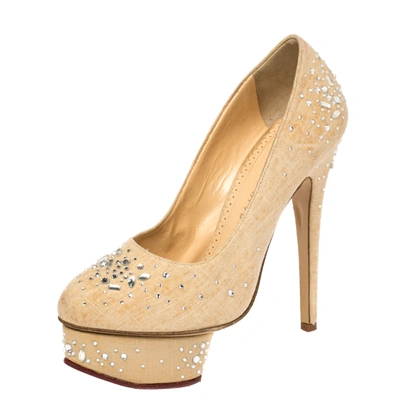 Pre-owned Charlotte Olympia Beige Canvas Crystal Embellished Dolly Platform Pumps Size 36.5