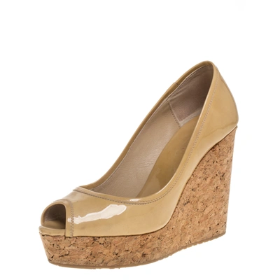 Pre-owned Jimmy Choo Beige Patent Leather Cork Wedge Peep Toe Pumps Size 36