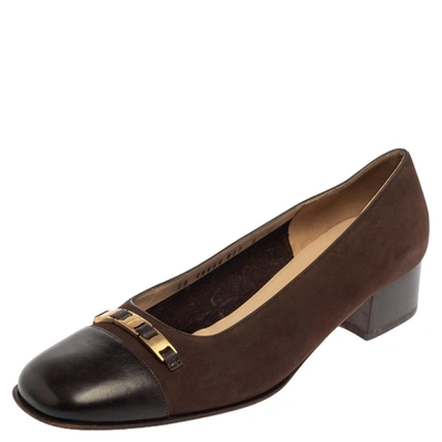 Pre-owned Ferragamo Brown Nubuck And Leather Ballet Flats Size 39.5