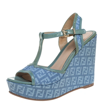 Pre-owned Fendi Blue/green Canvas And Patent Leather Wedge Sandals Size 38.5