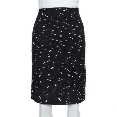 Pre-owned Oscar De La Renta Monochrome Tweed Fitted Short Skirt M In Black