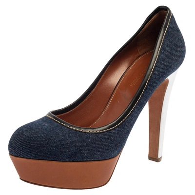 Pre-owned Sergio Rossi Blue Denim And Leather Platform Pumps Size 38.5