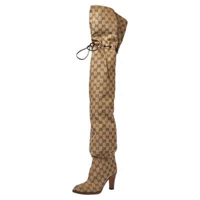 Pre-owned Gucci Beige Gg Canvas Lisa Thigh High Boots Size 36