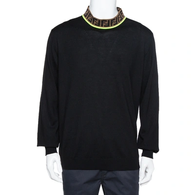 Pre-owned Fendi Black Wool Zucca Logo Collar Detail Jumper 3xl