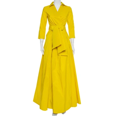 Pre-owned Carolina Herrera Ch  Yellow Pleated Maxi Wrap Dress S