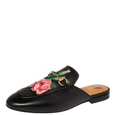 Pre-owned Gucci Black Floral Embroidered Leather Horsebit Princetown Flat Mules Size 38