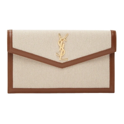 Saint Laurent Uptown Leather-trimmed Cotton-canvas Pouch In Tan