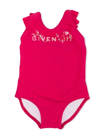Givenchy Babies' Logo印花连体泳衣 In Lampone