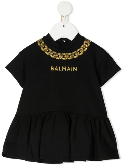 Balmain Babies' 搭链刺绣t恤式连衣裙 In Black