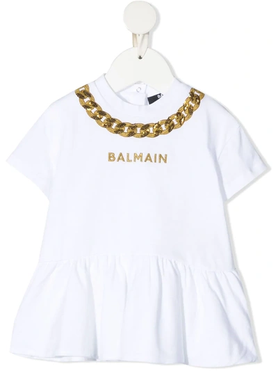 Balmain Babies' 搭链刺绣t恤式连衣裙 In Bianco