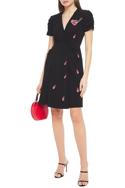 Moschino Wrap-effect Appliquéd Pleated Crepe Dress In Black