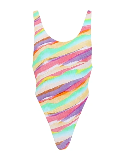 Reina Olga Funky Rainbow-print Open-back Swimsuit In Yellow
