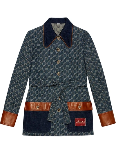 Gucci Gg Leather-trimmed Denim Jacket In Blue