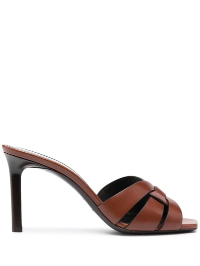 Saint Laurent Tribute Heeled Mules In Brown