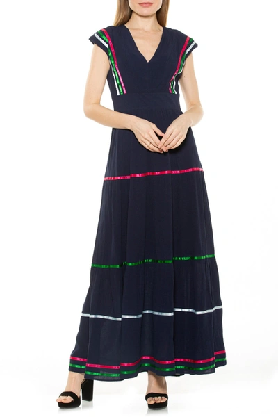 Alexia Admor Summer V-neck Tiered Maxi Dress In Navy