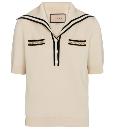 Gucci Wool Polo Shirt With Contrast Trim In Beige