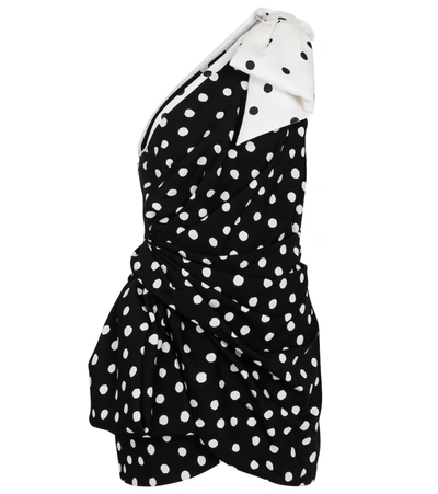 Saint Laurent Bow-embellished One-shoulder Draped Polka-dot Crepe Mini Dress In Black,white