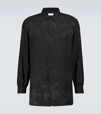 Saint Laurent Silk Jacquard Long-sleeved Shirt In Black