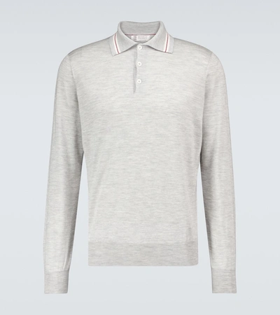 Brunello Cucinelli Cashmere-blend Long-sleeved Polo In Grey