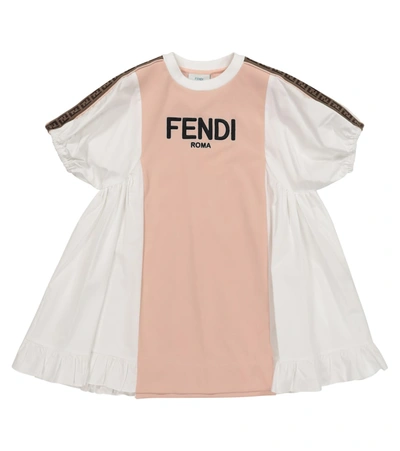 Fendi Kids' Logo珠地布和府绸连衣裙 In Panna+rosa