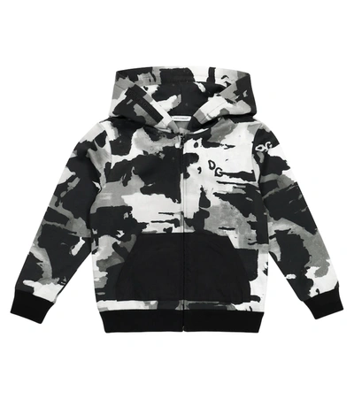 Dolce & Gabbana Boy's Camo-print Logo Hooded Zip-up Jacket In Black