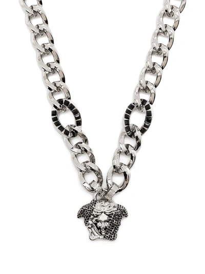 Versace Black-palladium Crystal-embellished Medusa Chain Necklace In Silver