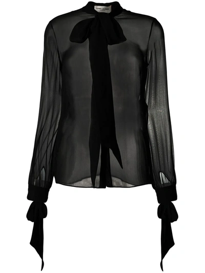 Saint Laurent Bow-detailed Sheer Silk Blouse In Noir