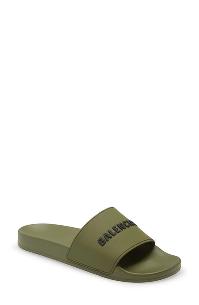 Balenciaga Logo-embossed Rubber Slides In Khaki