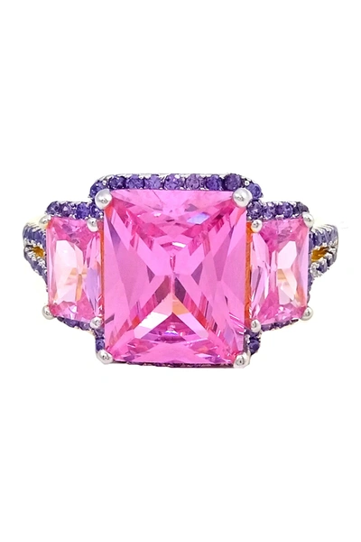 Savvy Cie 18k Yellow Gold Vermeil Prong Set Radiant Cut Cz 3-stone Ring In Pink