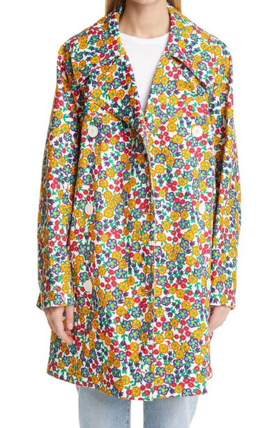 Marni Belted Double-breasted Floral-print Cotton-blend Twill Coat In Lily White