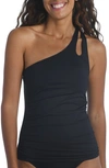 La Blanca Island Goddess Ruched One-shoulder Tankini Top In Black